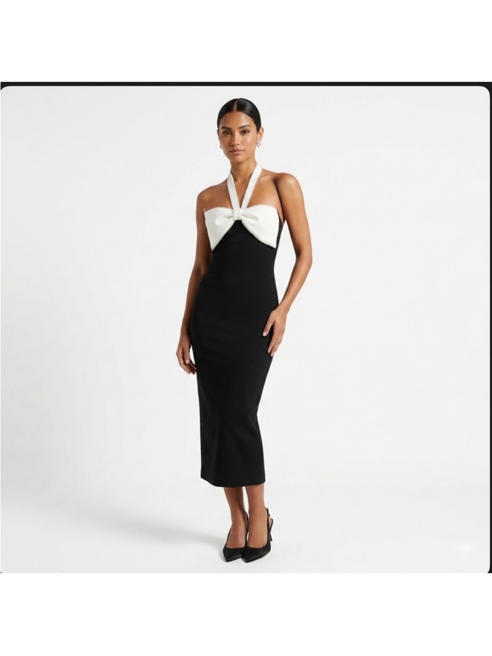 Zara Black Midi Dress with White Halter Bow